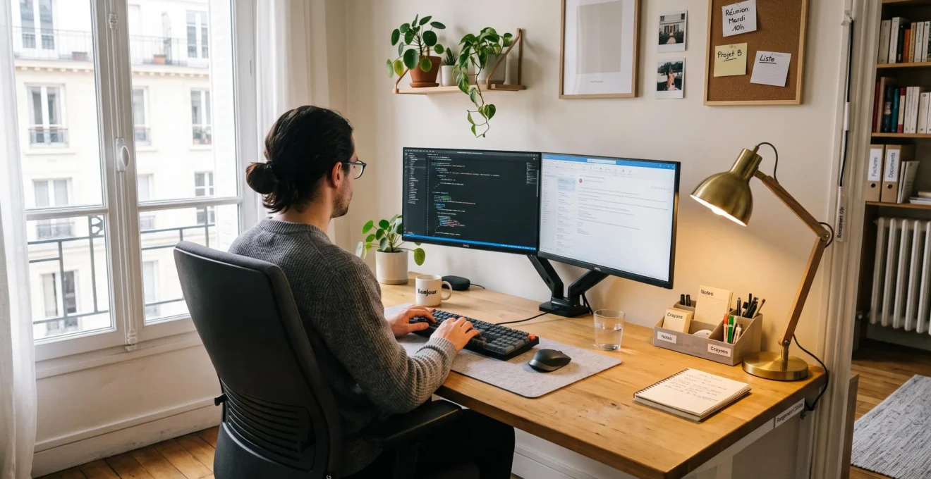 Espace de travail à domicile ergonomiquement aménagé avec chaise de bureau, double écran et gestion visible des câbles