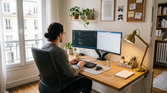 Espace de travail à domicile ergonomiquement aménagé avec chaise de bureau, double écran et gestion visible des câbles