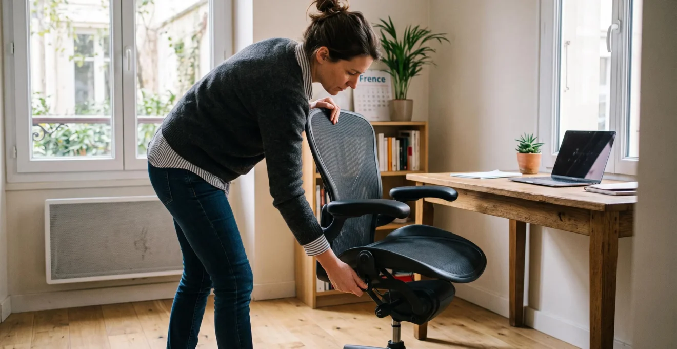 Personne ajustant la hauteur d'une chaise de bureau ergonomique dans un espace de travail à domicile