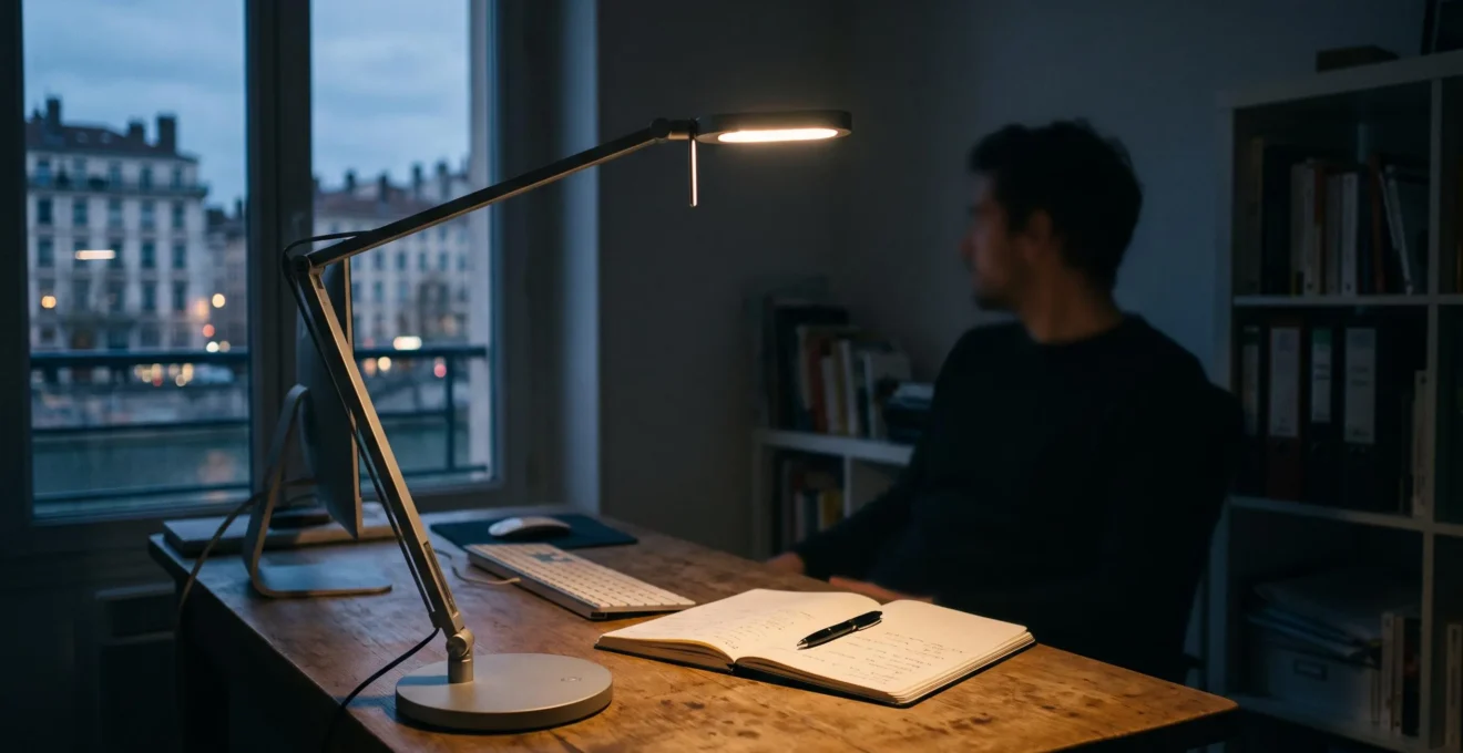 Lampe de bureau LED éclairant un espace de travail actif dans une ambiance de soirée