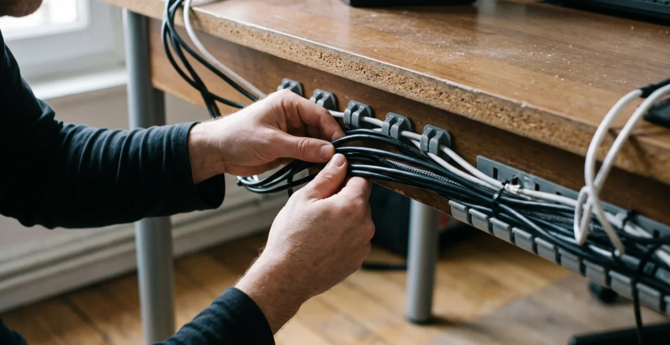 Mains organisant et fixant des câbles informatiques dans un système de gestion sous un bureau
